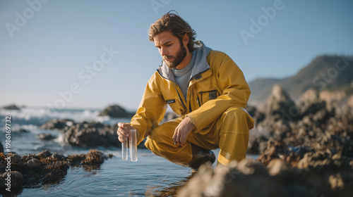 Marine biologist in yellow waterproof waders crouches over tidal rock pool at harsh midday sun, collecting sea samples in glass vials, representing coastal fieldwork, marine ecology research, intert