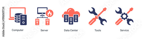 Server environment icon set with data center,server,and service elements.Ideal for cloud computing and IT infrastructure designs.