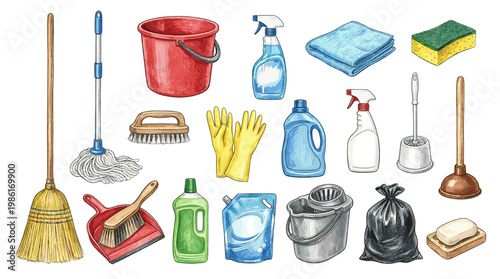Household cleaning tools collection with broom, mop, bucket, spray bottles, gloves, trash bag and soap in flat vector style isolated on white background.