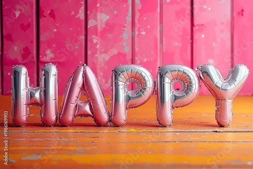 Silver balloon letters spelling HAPPY on a colorful background, festive celebration concept, party decor, cheerful mood, vibrant birthday or event atmosphere.