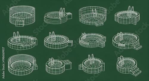 Spa Pool Blueprint Icon Set – AutoCAD Wellness Multi View Landscape Technical Drawing White Outline on Dark Green Background