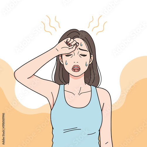 Illustration of a woman suffering from heatstroke, wiping sweat from her brow, indicating discomfort and overheating in hot weather.