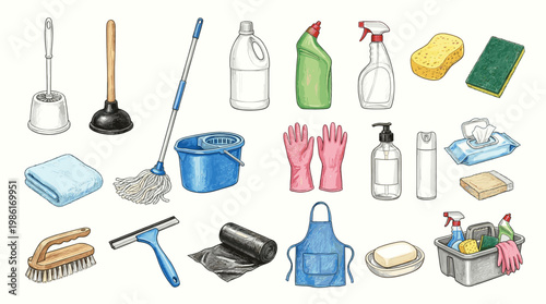 Cleaning supplies and household items set with broom, mop, gloves, spray bottles, bucket, sponge and brushes in flat vector style isolated on white background.