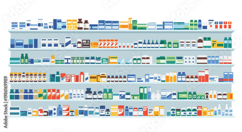 Neatly organized pharmacy shelves display a vast array of colorful medicine boxes and pharmaceutical bottles in a clean and clinical healthcare setting.