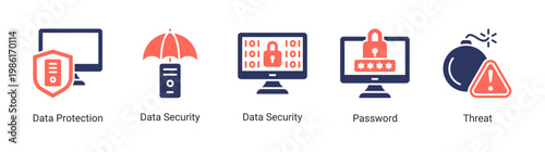 Security layer icon set with data protection,password,and threat elements.Ideal for cybersecurity and digital protection designs.