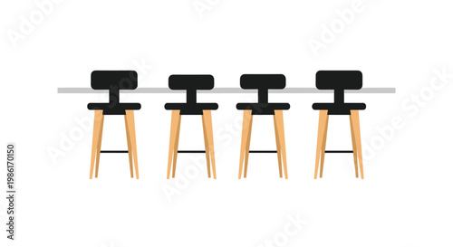 Four sleek black bar stools with natural wooden legs are perfectly aligned behind a long minimalist white counter in a modern and clean interior space.