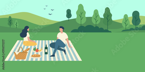 Woman and man having picnic on grass in park. Couple sitting on blanket with basket and food. Romantic date outdoors in green nature. Flat illustration of leisure activity lifestyle.
