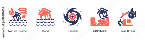 Disaster events icon set with natural hazards and emergency situations.Ideal for crisis management and environmental risk designs.