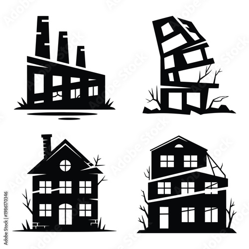 Black silhouettes of damaged houses with broken windows and trees on white background