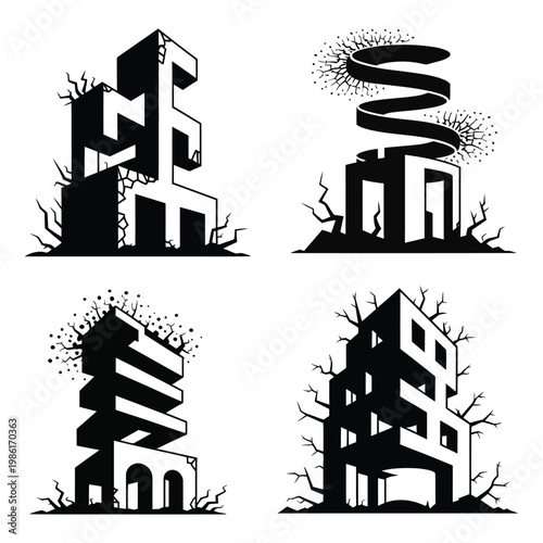 Black and white illustrations of abstract crumbling buildings with cracks and broken branches on isolated white background