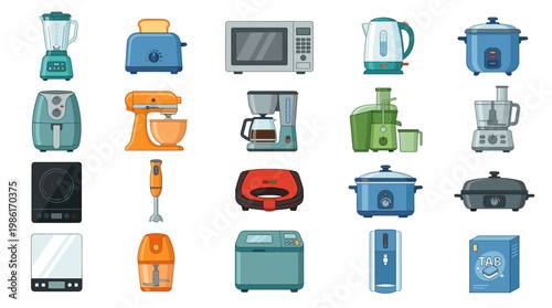 Kitchen appliance icon set with blender toaster microwave kettle rice cooker mixer coffee machine juicer vacuum cleaner and water dispenser in flat vector style
