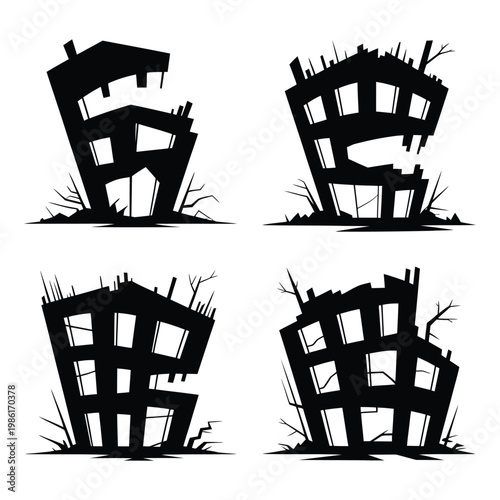 Four black silhouettes of dilapidated buildings on white background