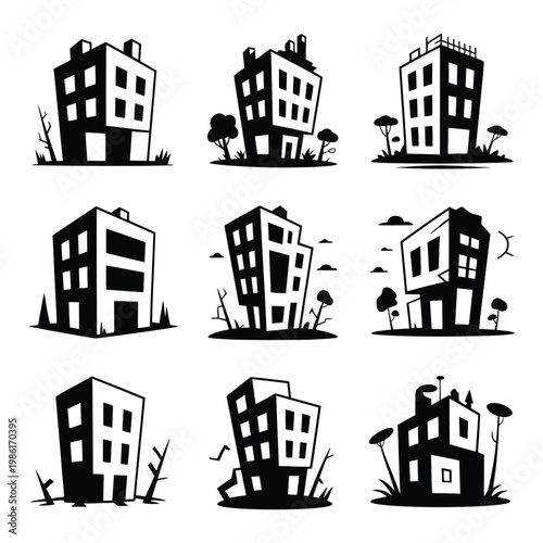 Black and white illustrations of damaged buildings in various states of destruction and neglect