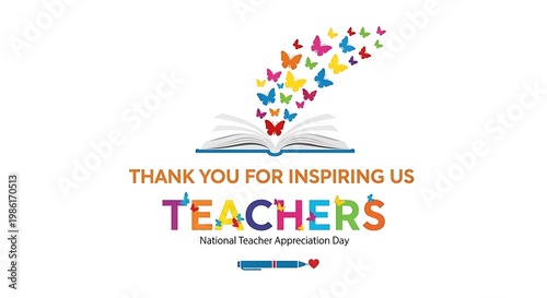 Colorful paper cutout hands holding open book with thank you message for teachers on white background