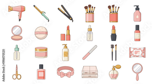 Beauty and makeup icon set with brushes, lipstick, mascara, foundation, mirror, perfume, powder and cosmetic accessories in soft pastel style