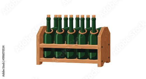 Multiple green glass wine bottles with natural cork stoppers are neatly arranged inside a sturdy wooden crate rack against a white studio backdrop.
