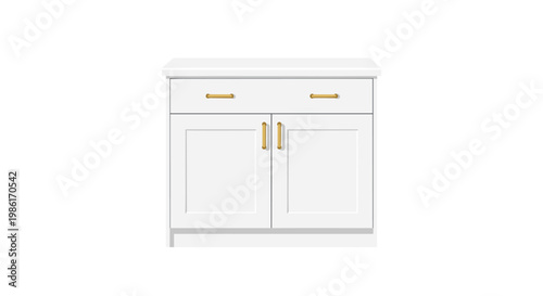 A modern white wooden cabinet with two drawers and two doors showcases luxurious gold handles in a bright and airy minimalist interior setting.