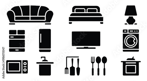 Black silhouette icons of various household furniture and appliances on white background