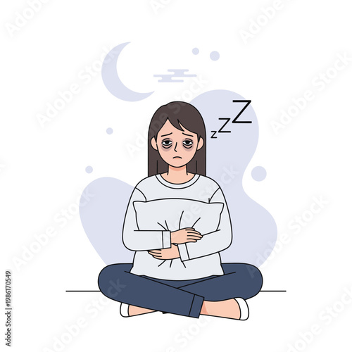A woman with dark circles under her eyes sits cross-legged, hugging a pillow, symbolizing insomnia and the struggle to sleep. 'Zzz' indicates sleeplessness.