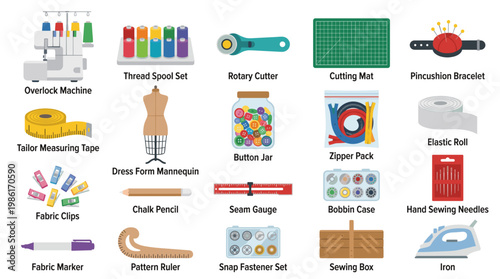 Sewing and tailoring icon set with thread spools, rotary cutter, cutting mat, pin cushion, fabric marker, buttons, ruler and sewing machine tools