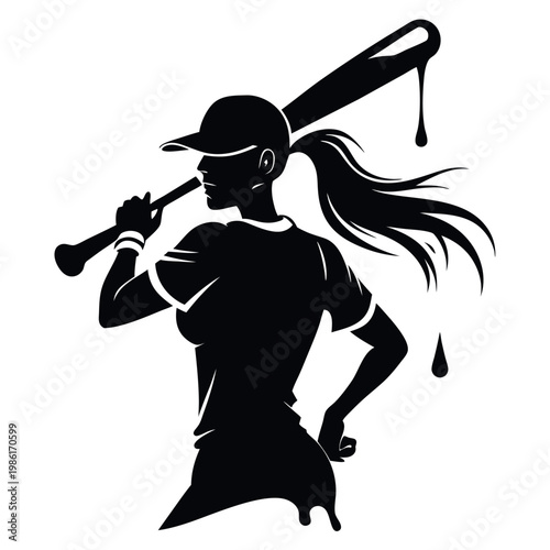 A black-and-white-silhouette-of-a-female baseball player