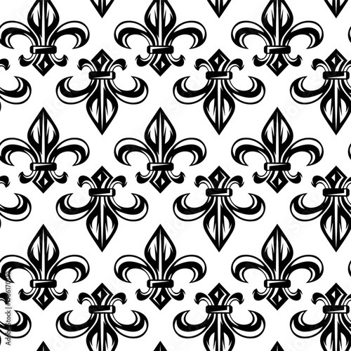 Seamless Pattern of Black Fleur-de-Lis Symbols on a White Background, Royal French Heraldry Motif.