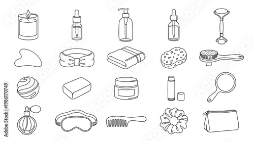 Beauty and self care icon set with cream, lotion, soap, mask, razor, mirror, sponge, towel and cosmetic accessories in outline style