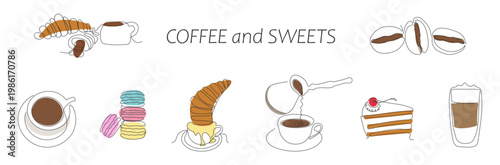 A set of coffee drinks and sweets drawn in doodle style and line art. Suitable for cafe design, menus, and advertising.