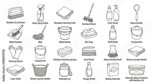 Laundry and cleaning product icon set with detergent, spray bottle, fabric softener, sponge, brush, soap, basket and household wash supplies in outline style