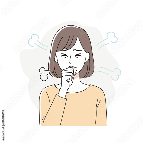 A cartoon illustration of a woman coughing, covering her mouth with her hand, indicating illness or discomfort.