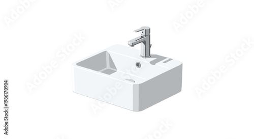 A pristine white ceramic rectangular vessel sink features a polished chrome single-handle faucet positioned centrally on its rear ledge in a studio set.