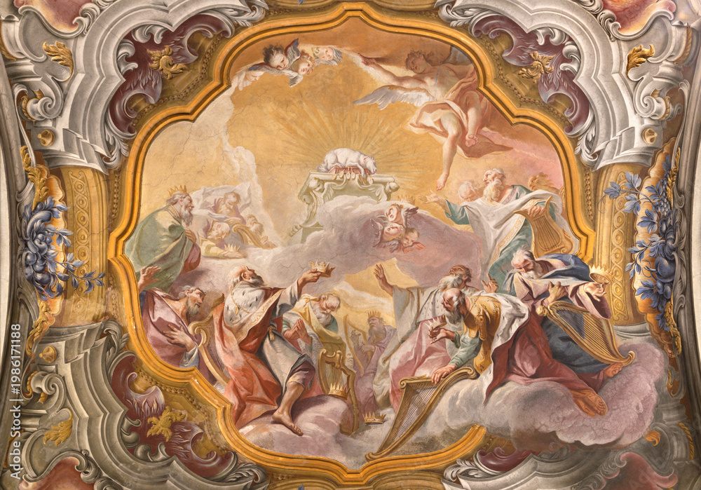 Naklejka premium MONZA, ITALY - MARCH 19, 2026: The fresco of Adoration of Lamb of God in the Cathedral by Carlo Innocenzo Carloni (1738 -1740).