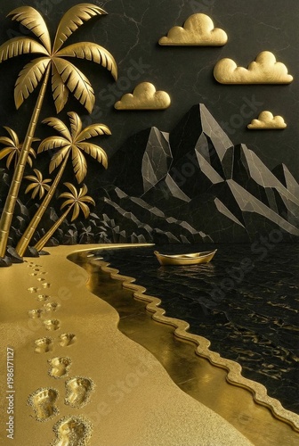 Luxury 3D landscape with gold palm trees and clouds on black marble background featuring golden beach with footprints and boat in a tropical island scene