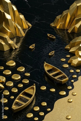 Abstract 3D composition of golden boats sailing between gold mountains on black marble water surface with golden river stones in a luxury art style