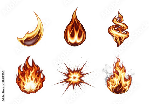 Collection of various fire flames explosion icons isolated on transparent background for design elements