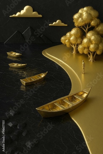 Minimalist 3D art of golden boats on black marble sea with a golden shoreline and trees featuring a small gold human figure in a surreal landscape