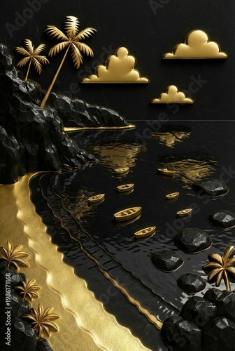Tropical 3D island illustration with gold palm trees and clouds over black marble ocean with multiple golden boats and rocky coastline accents