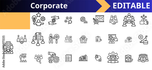 Business management system outline icons set. strategy planning, team leadership, workflow process, finance growth, target marketing, partnership, corporate structure