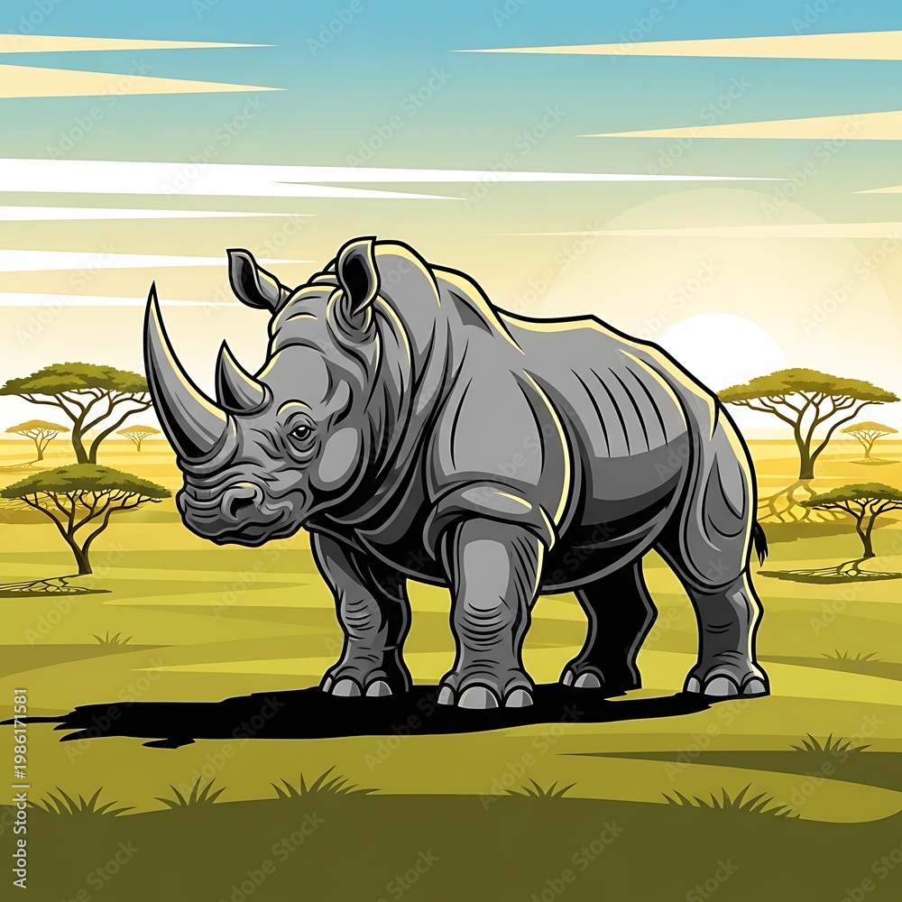 Fototapeta premium Gray rhinoceros standing in savannah landscape.