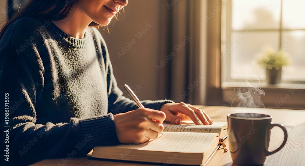 Obraz premium Cozy morning journaling, young woman writing in notebook at wooden desk, warm sunlight and steaming coffee cup, peaceful home office routine