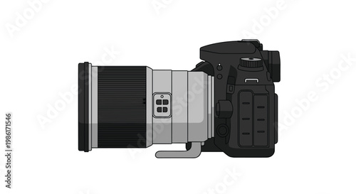 A professional digital single-lens reflex camera with a massive telephoto lens rests horizontally against a clean white background under bright studio lighting.