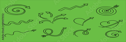 Green Screen Concept with Hand-Drawn Arrows – Spirals, Zigzags, Curves, Loops, and Heart Symbols Icon Sheet