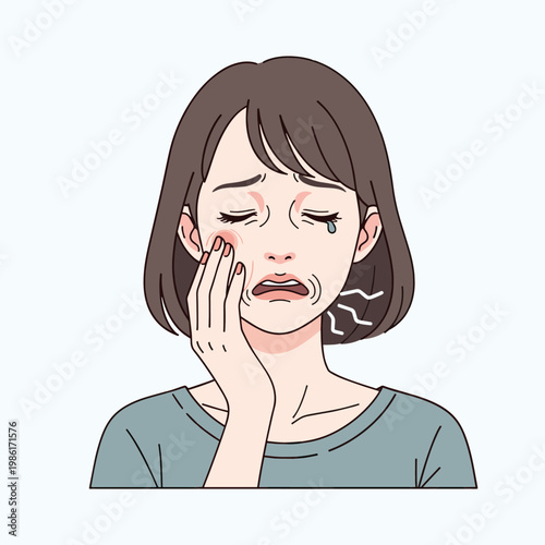 Illustration of a woman with a toothache, holding her face in pain, with tears and visible discomfort.