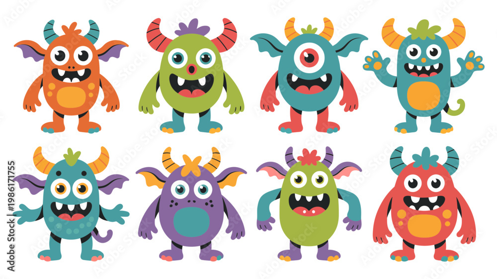 Fototapeta premium Collection of eight colorful cartoon monsters with horns and multiple eyes for children's books and playful designs