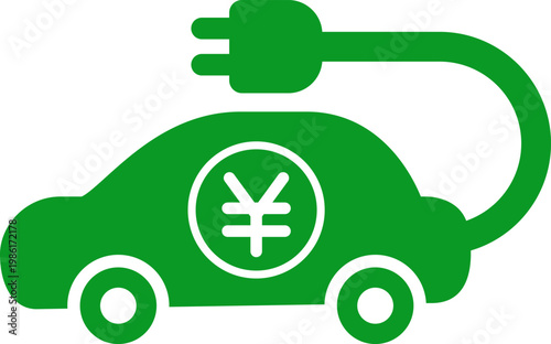 電気自動車のコスト削減を表す円マーク付きEVアイコン 充電と節約のイメージ（Low Cost EV Charging Icon with Yen Symbol）
