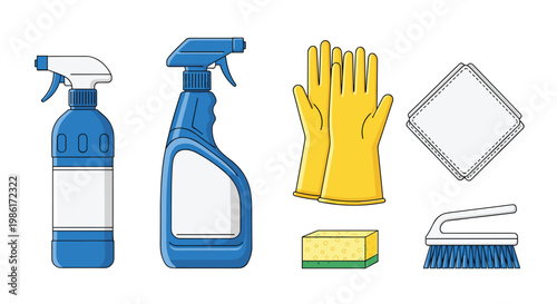 A professional set of blue cleaning spray bottles and yellow protective rubber gloves is displayed alongside a green sponge and a white microfiber cloth.