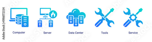 Server environment icon set with data center,server,and service elements.Ideal for cloud computing and IT infrastructure designs.