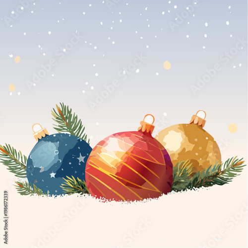 Festliche Ornamente und funkelnde Lichter liegen sanft im frischen Schnee 