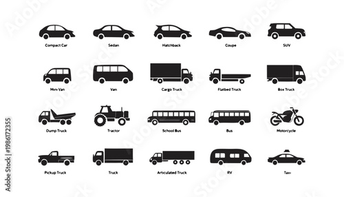 Set of vehicle silhouettes arranged in rows on white background