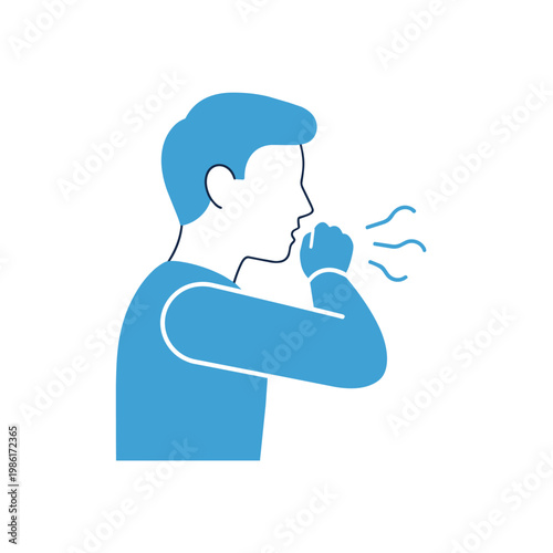 A blue illustration of a man coughing into his elbow, representing respiratory illness and the importance of covering coughs to prevent the spread of germs.
